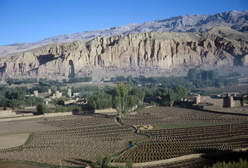 Afghanistan, Bamiyan panorama and rock-carved statue of buddha